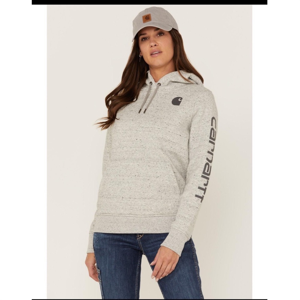 Carhartt‎ Womens Grey Heathered Relaxed Fit Logo Sleeve Hoodie XS 102791 E07